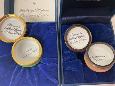 Lot 66 - H.R.H. Prince Charles, Prince of Wales, two Royal presentation Halcyon Days enamel boxes decorated with landscapes and Prince of Wales feather crests dated 1999 and 2000, in original fitted boxes (2)