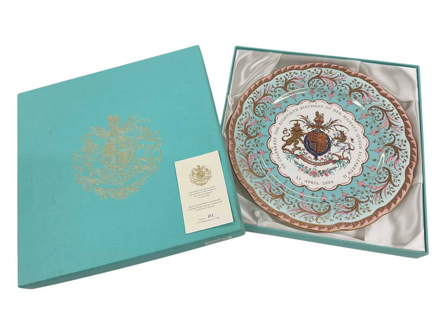 Lot 73 - The 80th Birthday of H.M. Queen Elizabeth II, 21st April 2006, Royal Collection fine bone China limited edition plate decorated with the Royal Arms in box with certificate No.891/1000