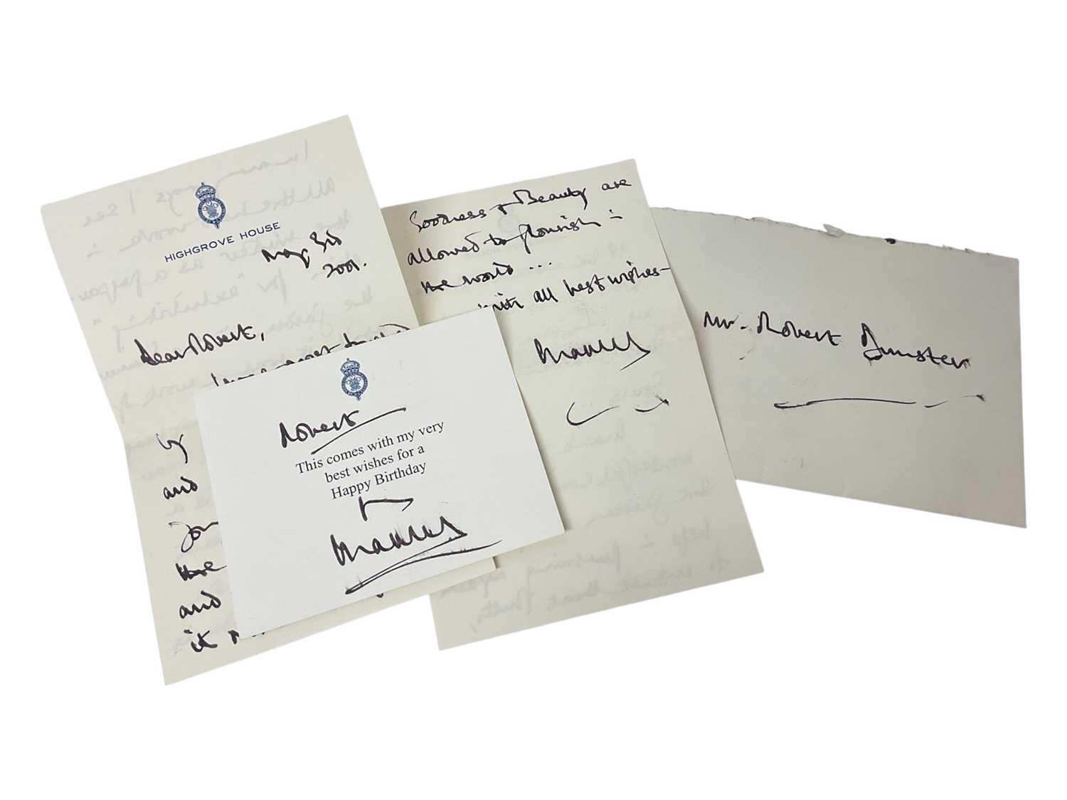 Lot 75 - H.R.H. Prince Charles The Prince of Wales, handwritten two page letter to his gardener at Highgrove praising him for his work in the garden and expressing his deep connection to it and the impor...