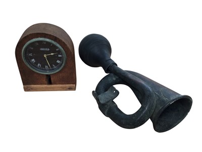 Lot 5004 - Vintage Jaeger car clock and old copper car horn