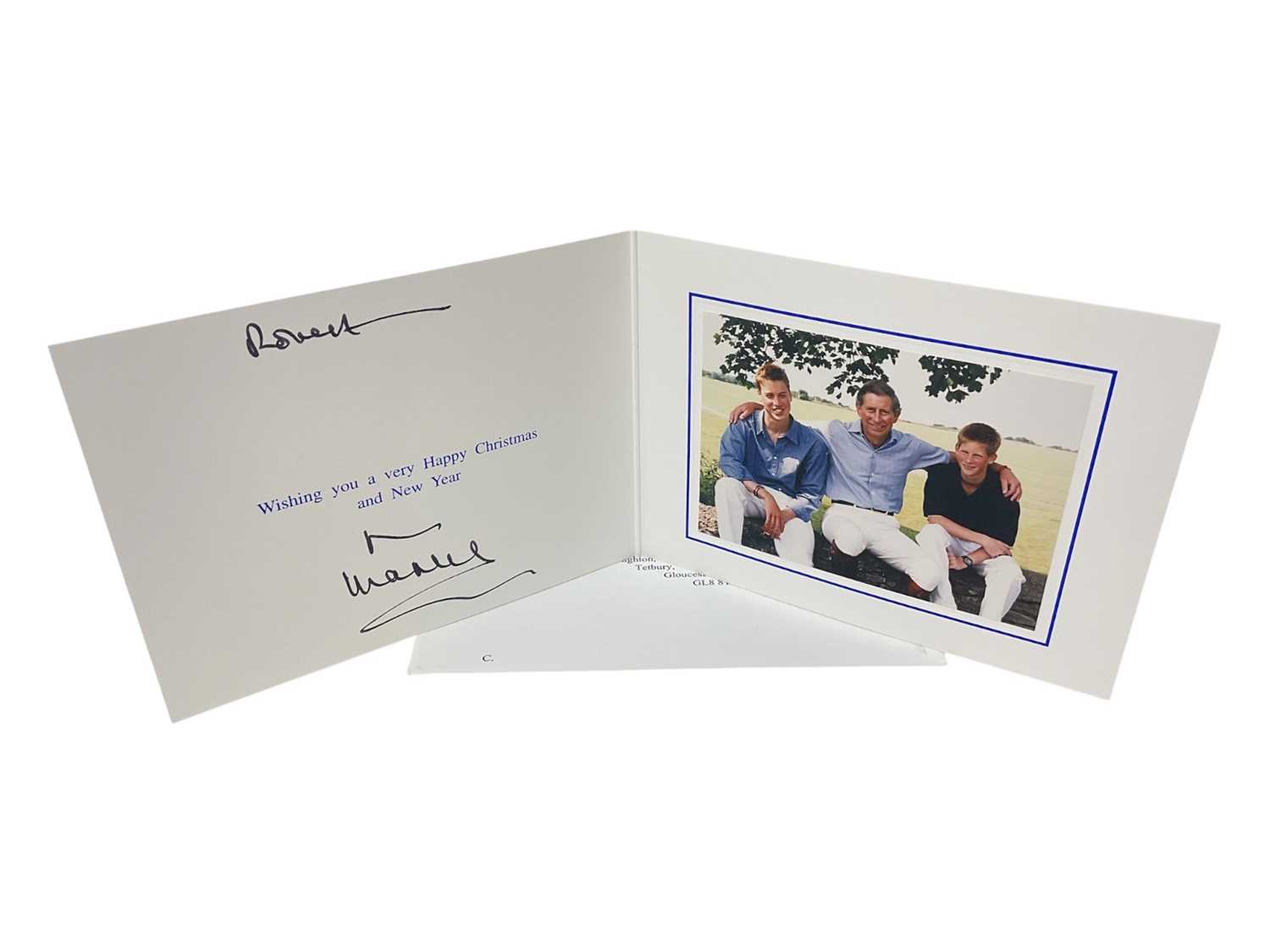 Lot 76 - H.R.H. Prince Charles, Prince of Wales (now H.M. King Charles III) hand signed and inscribed 1999 Christmas card with gilt embossed Royal cypher to cover, colour photograph of the Prince with Pr...