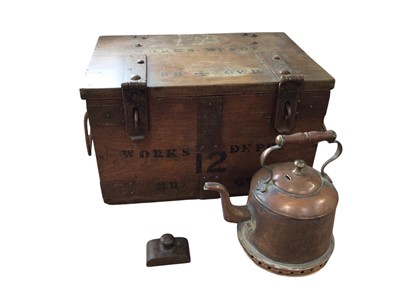 Lot 5012 - British Rail iron bound wooden trunk with black lettering, together with a British Rail Midlands copper kettle and a British Rail iron paperweight (3)