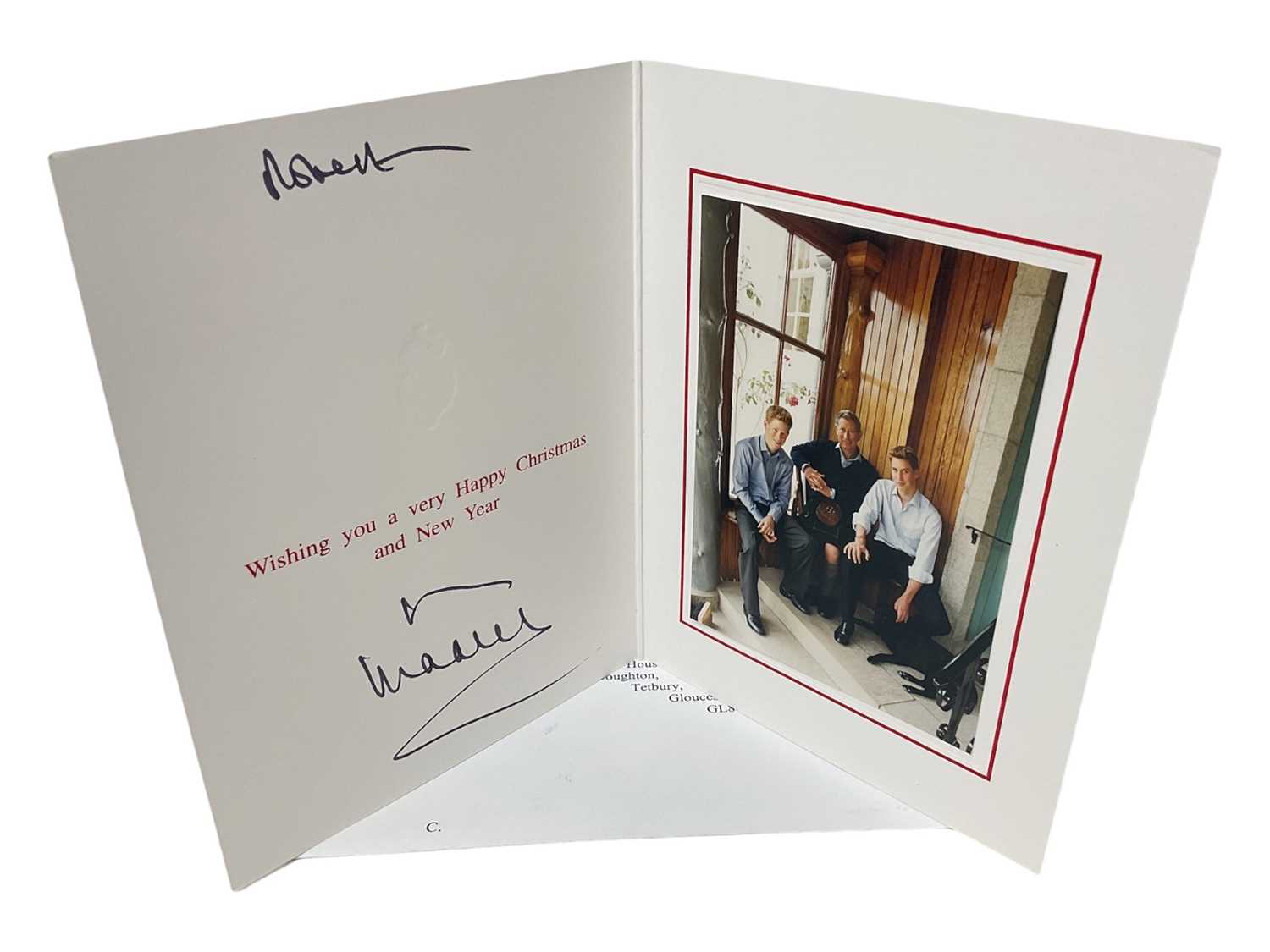 Lot 77 - H.R.H. Prince Charles, Prince of Wales (now H.M. King Charles III) hand signed and inscribed 2000 Christmas card with gilt embossed Royal cypher to cover, colour photograph of the Prince with Pr...