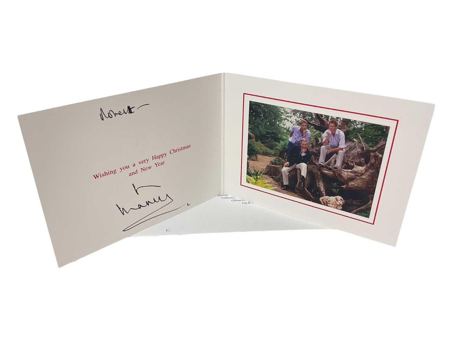 Lot 79 - H.R.H. Prince Charles, Prince of Wales (now H.M. King Charles III) hand signed and inscribed 2002 Christmas card with gilt embossed Royal cypher to cover, colour photograph of the Prince with Pr...