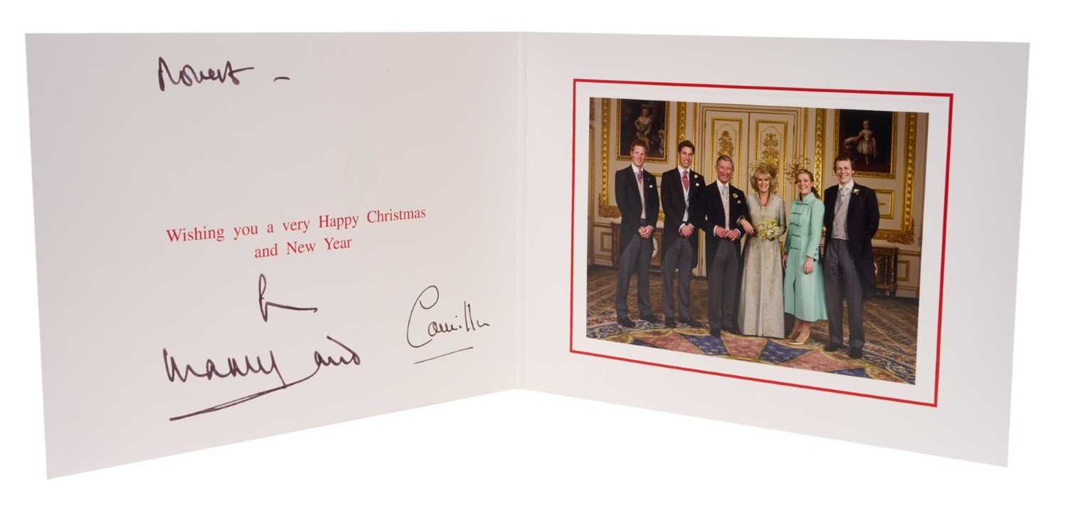 Lot 82 - H.R.H. Prince Charles, Prince of Wales (now H.M. King Charles III) and H.R.H. The Duchess of Cornwall (now H.M. Queen Camilla), hand signed and inscribed 2005 Christmas card with gilt embossed Ro...