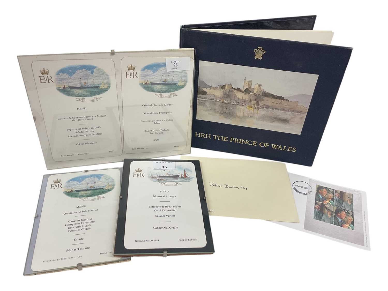 Lot 85 - The Royal Yacht Britannia, four printed 1980s menu cards, book of H.R.H. The Prince of Wales watercolour sketches exhibition 1990 and other ephemera.