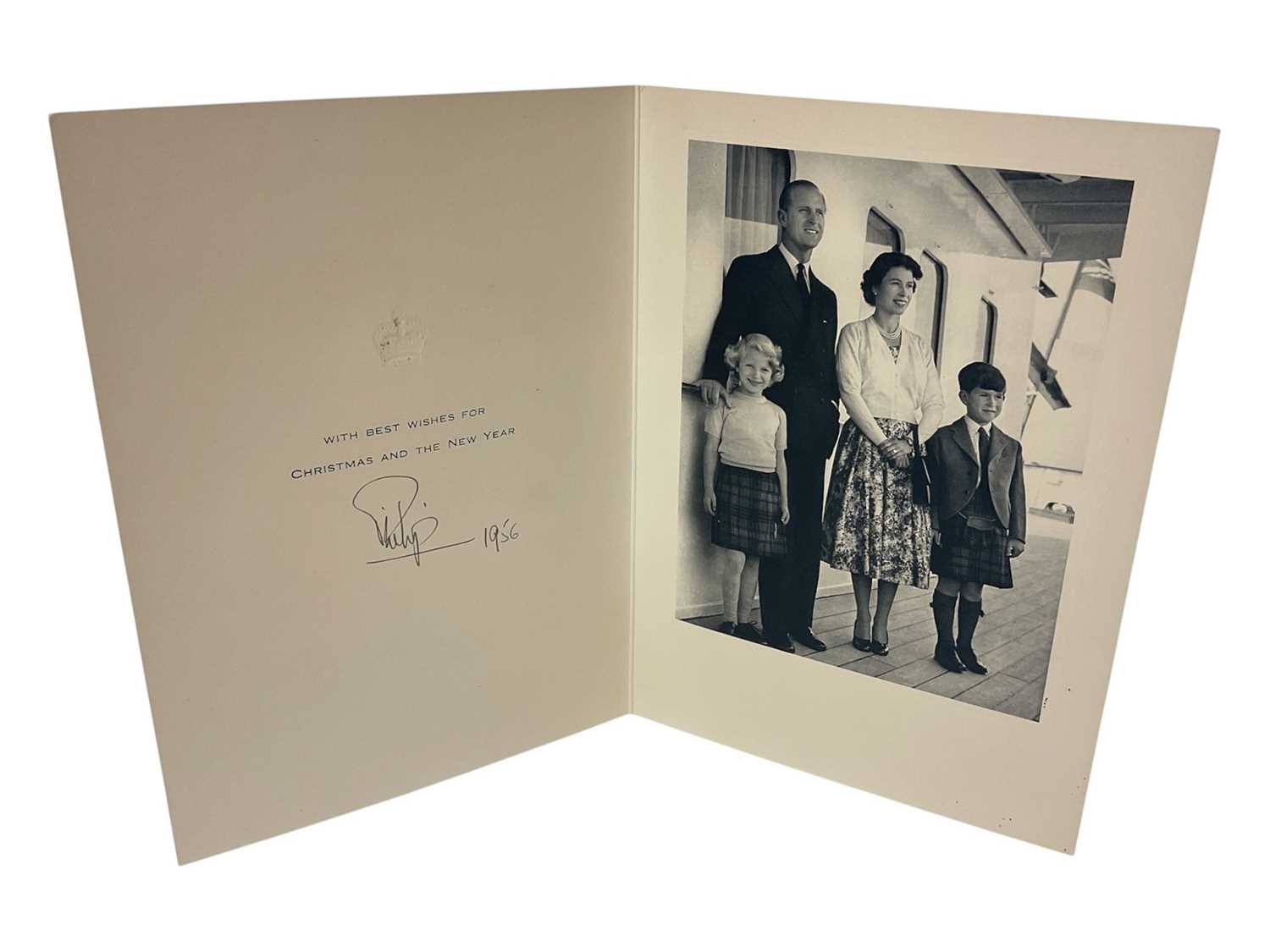 Lot 38 - H.R.H. Prince Philip Duke of Edinburgh, signed 1956 Christmas card with gilt crown to cover