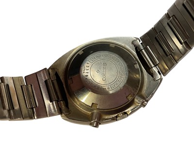 Lot 64 - 1970s Seiko Chronograph Automatic wristwatch, with circular yellow dial, day and date aperture, subsidiary seconds, red and blue 'Pepsi' bezel measuring 38mm diameter, in a stainless steel case...