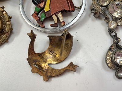 Lot 68 - Norwegian silver and enamel Viking ship brooch, other vintage brooches, silver dress rings and costume jewellery