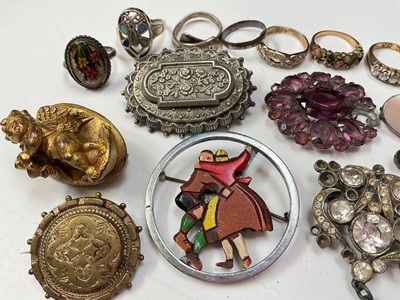 Lot 68 - Norwegian silver and enamel Viking ship brooch, other vintage brooches, silver dress rings and costume jewellery