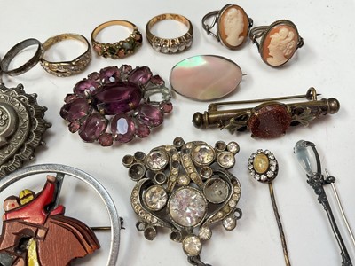 Lot 68 - Norwegian silver and enamel Viking ship brooch, other vintage brooches, silver dress rings and costume jewellery