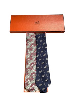 Lot 2501 - Two Hermès silk ties, silver dove 7291 EA and 7279 MA blue squirrel, in one box
