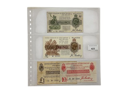 Lot 423 - G.B. - Mixed Bradbury Treasury banknotes to include Ten Shillings, Red Print second issue (Jan 1915) prefix M over 71 (N.B. Some creases, with small split to note near lower centre edge) otherwi...
