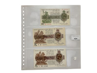 Lot 424 - G.B. - Mixed Fisher green, brown and purple Treasury banknotes to include Ten Shillings second issue (Nov 1922) prefix R over 77 (N.B. Light creasing) otherwise VF, One Pound first issue (Sept 1...