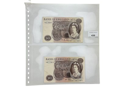 Lot 430 - G.B. - Mixed Bank of England Ten Pound banknotes to include Hollom prefix A03 (Feb 1964) VF, Fforde prefix A95 (Jan 1967) (N.B. Two light creases centre left) otherwise GVF-AEF and very scarce,...