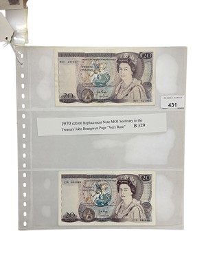 Lot 431 - G.B. - Mixed Bank of England Twenty Pound banknotes to include Page 'Replacement' prefix M01 (1970) (N.B. Note slightly wrinkled - possibly cleaned) otherwise GVF & Rare, Page - prefix C73 (...