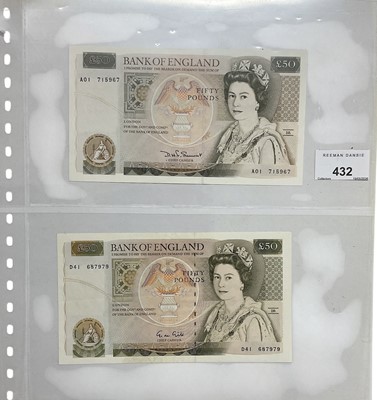 Lot 432 - G.B. - Mixed Bank of England Fifty Pound banknotes to include Somerset - prefix A01 (March 1981) AU & Scarce, Gill - prefix D41 (July 1988) AEF, Kentfield - prefix E30 Serial No. 999591 (Nov...