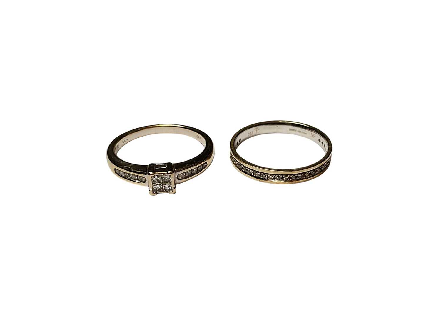Lot 14 - Diamond cluster ring in 18ct white gold setting and 9ct white gold diamond half eternity ring (2)