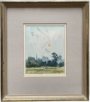 Lot 1 - Ian Hay (1940-2025) Watercolour, Parachutes overColchester Castle Park, signed and dated 1990, in glazed frame, 17cm x 13.7cm.