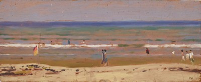 Lot *Ken Howard RA (1932-2022) oil on board, Beach scene, signed with initials, 14cm x 35cm, unframed