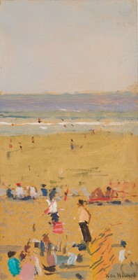 Lot *Ken Howard RA (1932-2022) oil on board, Beach and figures, signed, 30.5cm x 15.5cm, unframed