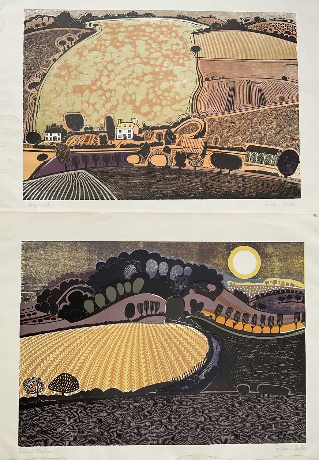 Lot 27 - Graham Clarke (b. 1941) two signed linocut prints, 'Big Field' and 'Behind Shoreham', 42cm x 60cm, unframed