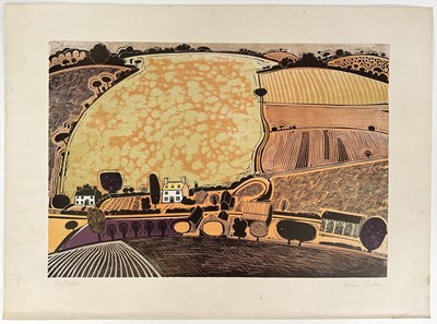 Lot 27 - Graham Clarke (b. 1941) two signed linocut prints, 'Big Field' and 'Behind Shoreham', 42cm x 60cm, unframed