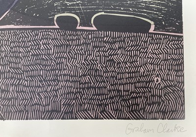 Lot 27 - Graham Clarke (b. 1941) two signed linocut prints, 'Big Field' and 'Behind Shoreham', 42cm x 60cm, unframed