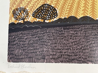 Lot 27 - Graham Clarke (b. 1941) two signed linocut prints, 'Big Field' and 'Behind Shoreham', 42cm x 60cm, unframed