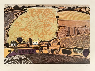 Lot 27 - Graham Clarke (b. 1941) two signed linocut prints, 'Big Field' and 'Behind Shoreham', 42cm x 60cm, unframed