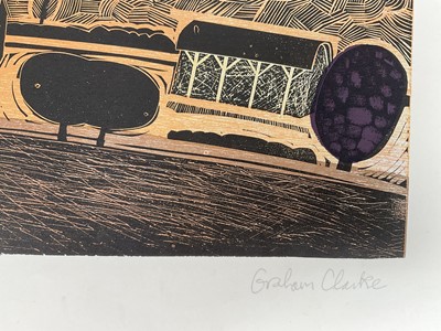 Lot 27 - Graham Clarke (b. 1941) two signed linocut prints, 'Big Field' and 'Behind Shoreham', 42cm x 60cm, unframed