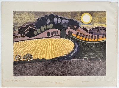 Lot 27 - Graham Clarke (b. 1941) two signed linocut prints, 'Big Field' and 'Behind Shoreham', 42cm x 60cm, unframed