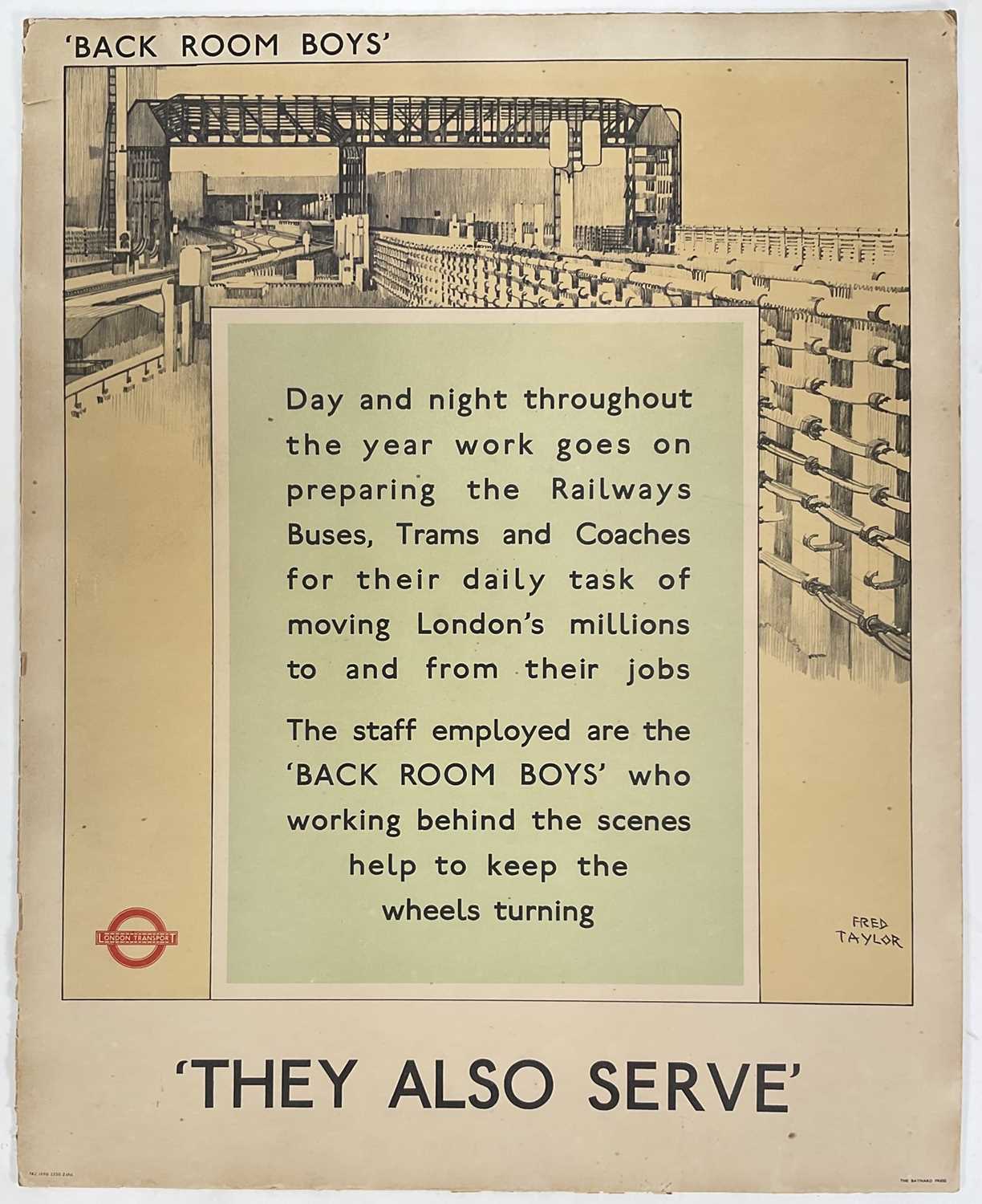 Lot 25 - London Transport poster by Fred Taylor - ‘Back Room Boys - They also Serve’, pub. Baynard Press