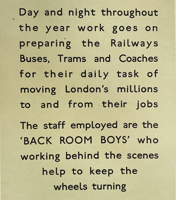 Lot 25 - London Transport poster by Fred Taylor - ‘Back Room Boys - They also Serve’, pub. Baynard Press
