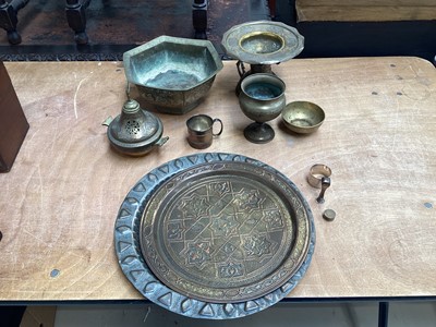 Lot 5035 - Group of copper and brassware including Mamluk Revival, together with a silver napkin ring and pipe tamper/seal