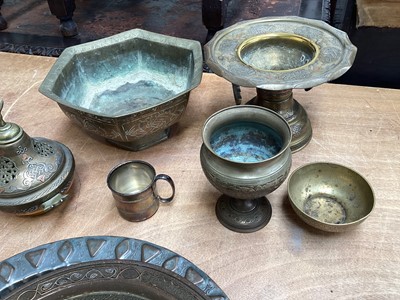 Lot 5035 - Group of copper and brassware including Mamluk Revival, together with a silver napkin ring and pipe tamper/seal