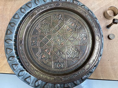 Lot 5035 - Group of copper and brassware including Mamluk Revival, together with a silver napkin ring and pipe tamper/seal