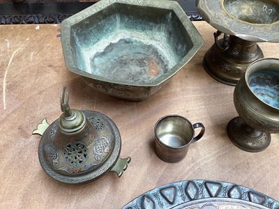 Lot 5035 - Group of copper and brassware including Mamluk Revival, together with a silver napkin ring and pipe tamper/seal