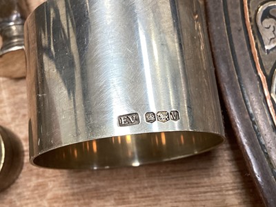 Lot 5035 - Group of copper and brassware including Mamluk Revival, together with a silver napkin ring and pipe tamper/seal