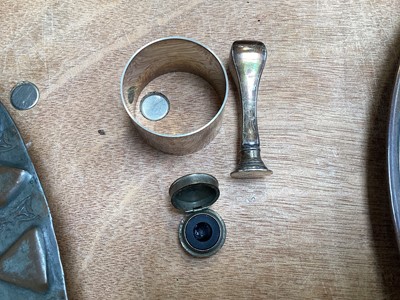 Lot 5035 - Group of copper and brassware including Mamluk Revival, together with a silver napkin ring and pipe tamper/seal