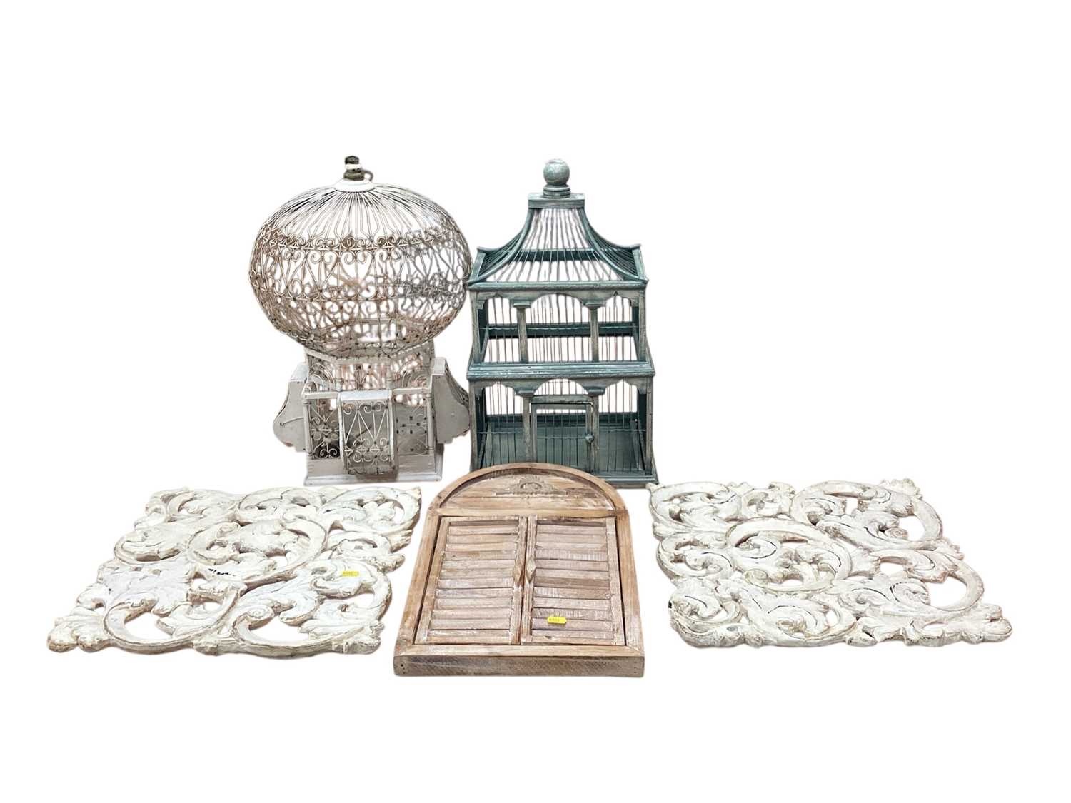 Lot 5031 - Two vintage bird cages together with a hanging mirror and others