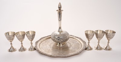 Lot 351 - Eastern white metal carafe and goblets set on matching tray