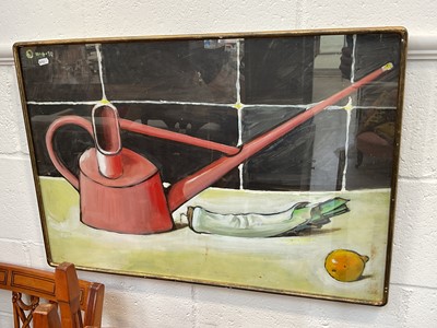 Lot 5039 - Stanhope Shelton (1908-1983), oil on board, still life of a watering can, leek and lemon, signed and dated, framed and glazed, 78cm x 52.5cm