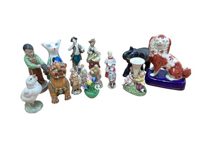 Lot 5043 - Group of ceramic figures including Chinese peasant boy, Staffordshire spaniel and spill vase, Royal Copenhagen bird etc