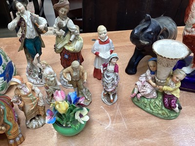 Lot 5043 - Group of ceramic figures including Chinese peasant boy, Staffordshire spaniel and spill vase, Royal Copenhagen bird etc
