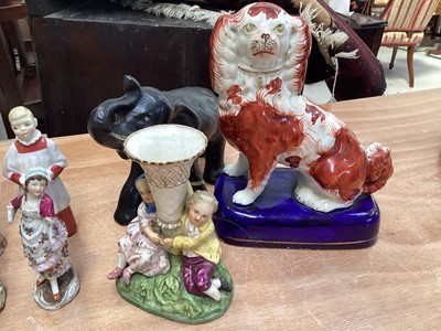Lot 5043 - Group of ceramic figures including Chinese peasant boy, Staffordshire spaniel and spill vase, Royal Copenhagen bird etc
