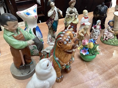 Lot 5043 - Group of ceramic figures including Chinese peasant boy, Staffordshire spaniel and spill vase, Royal Copenhagen bird etc