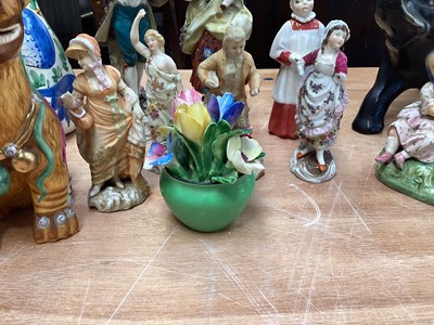 Lot 5043 - Group of ceramic figures including Chinese peasant boy, Staffordshire spaniel and spill vase, Royal Copenhagen bird etc