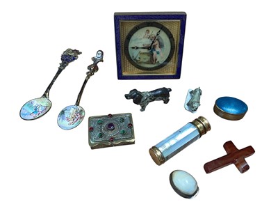 Lot 5046 - Group of objets d'art including a small silver mounted shell box dated 1780, a agate cross, pair of enamelled teaspoons etc