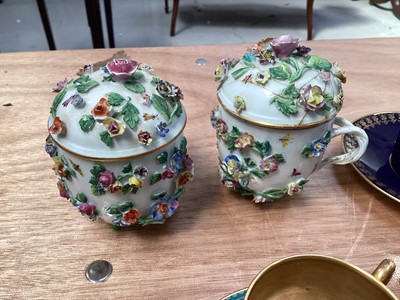 Lot 5047 - Group of four Vienna porcelain cups and saucers, together with two Dresden floral encrusted chocolate cups and covers, and a Coalport fluted cup and saucer